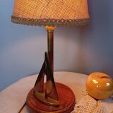 Marine table lamp with wooden base, brass sailboat, jute lampshade