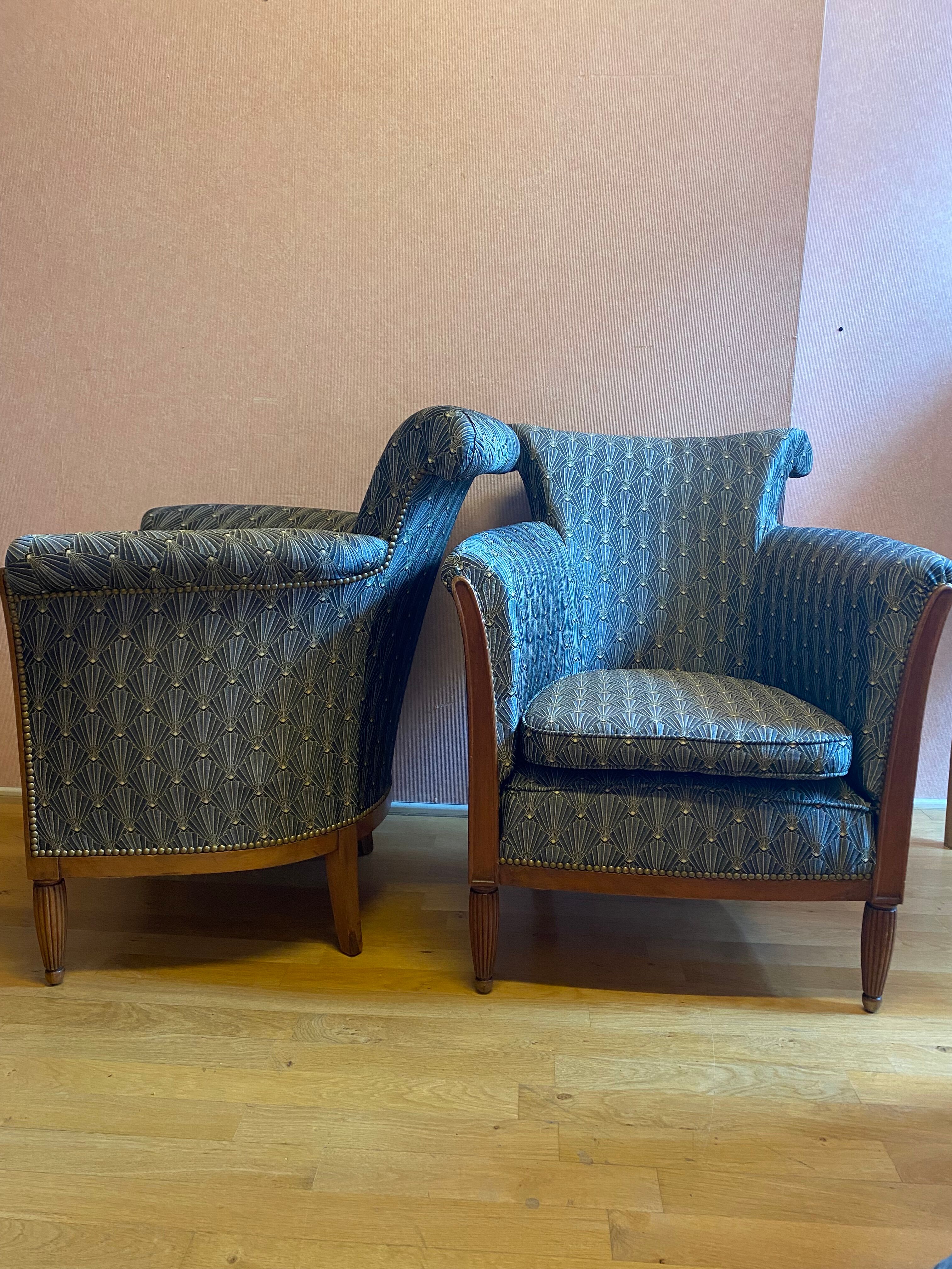 Pair of Art Deco style armchairs, refurbished. Upholstery fabric for armchairs.
