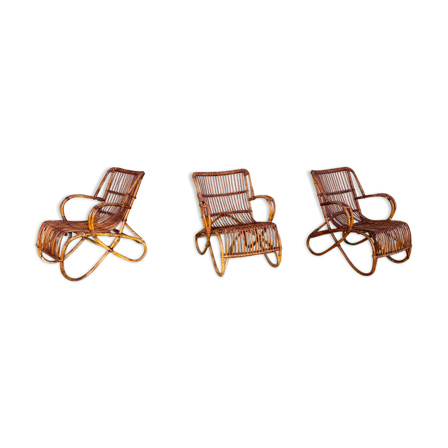 Trio of armchairs vintage bamboo rattan chairs 1950