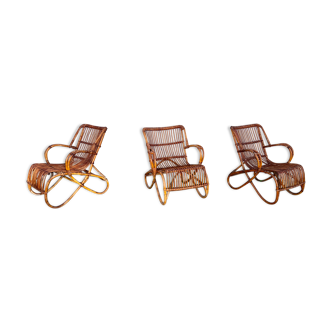Trio de 3 fauteuils chaises rotin bambou vintage 1950