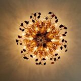 Large floral ceiling light in gilded metal and crystal, Banci Firenze, 1970.