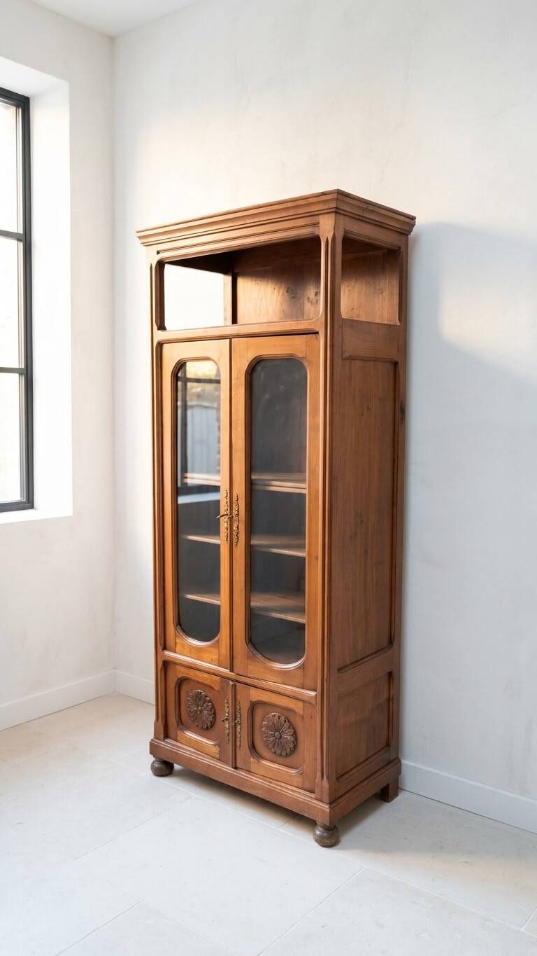 Antique display cabinet in brown wood – glass doors – 180 cm