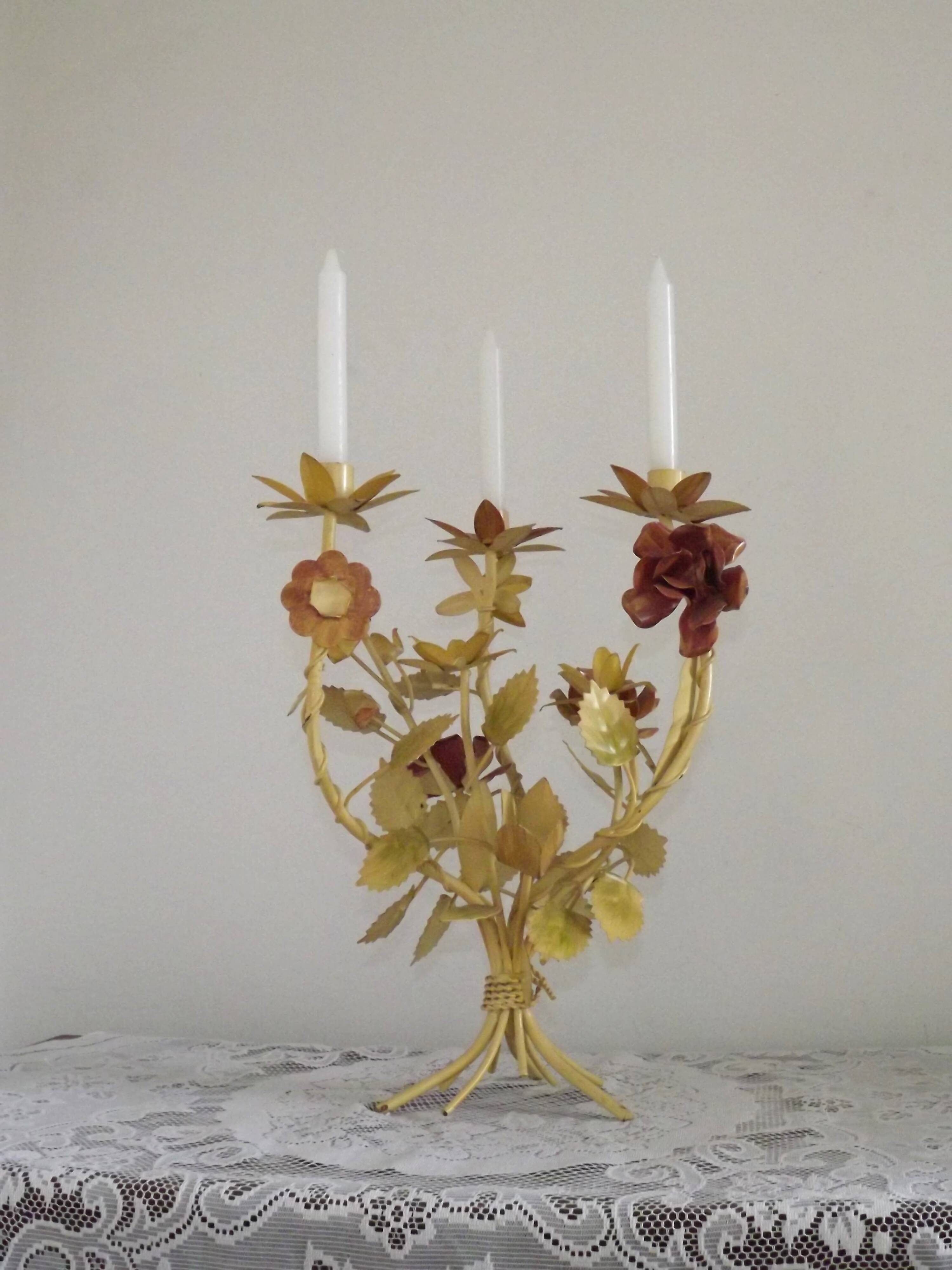 Large Vintage French FloralThree Arm Candelabra – Tied Bouquet Style