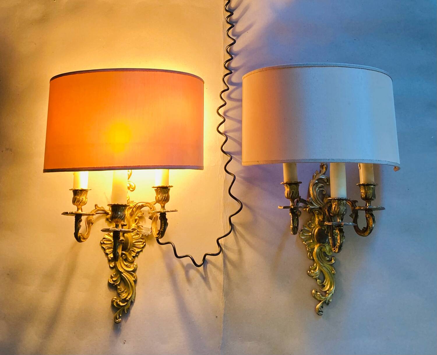 Louis XV gilt bronze wall lights from the 19th century with lampshades
