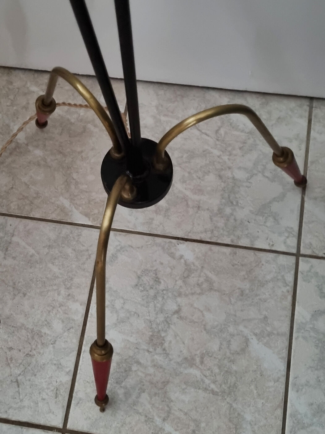 Tripod floor lamp design, steel, brass and opaline, vintage, 50s