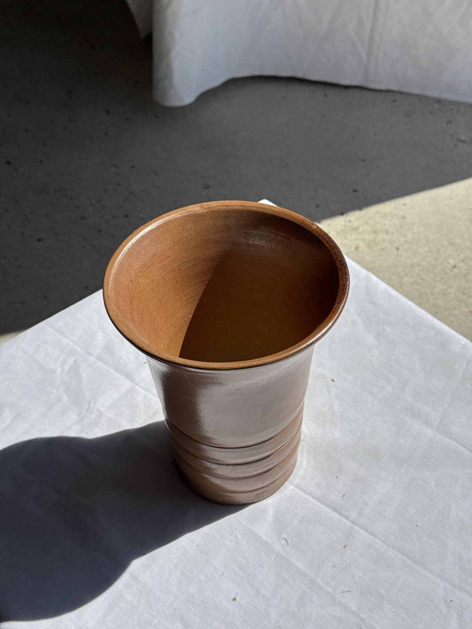 Vintage ceramic vase in glazed brown-orange with stripes H21.5 D19
