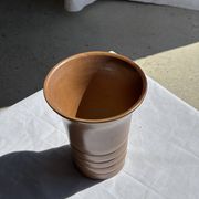 Vintage ceramic vase in glazed brown-orange with stripes H21.5 D19