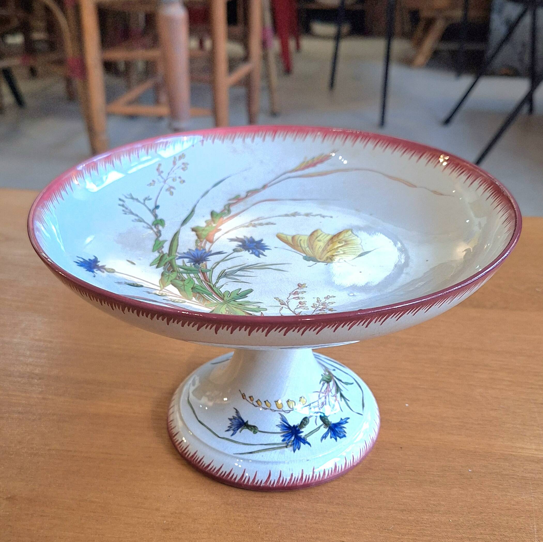 Compote dish/round bowl on foot Sarreguemines Butterfly decoration