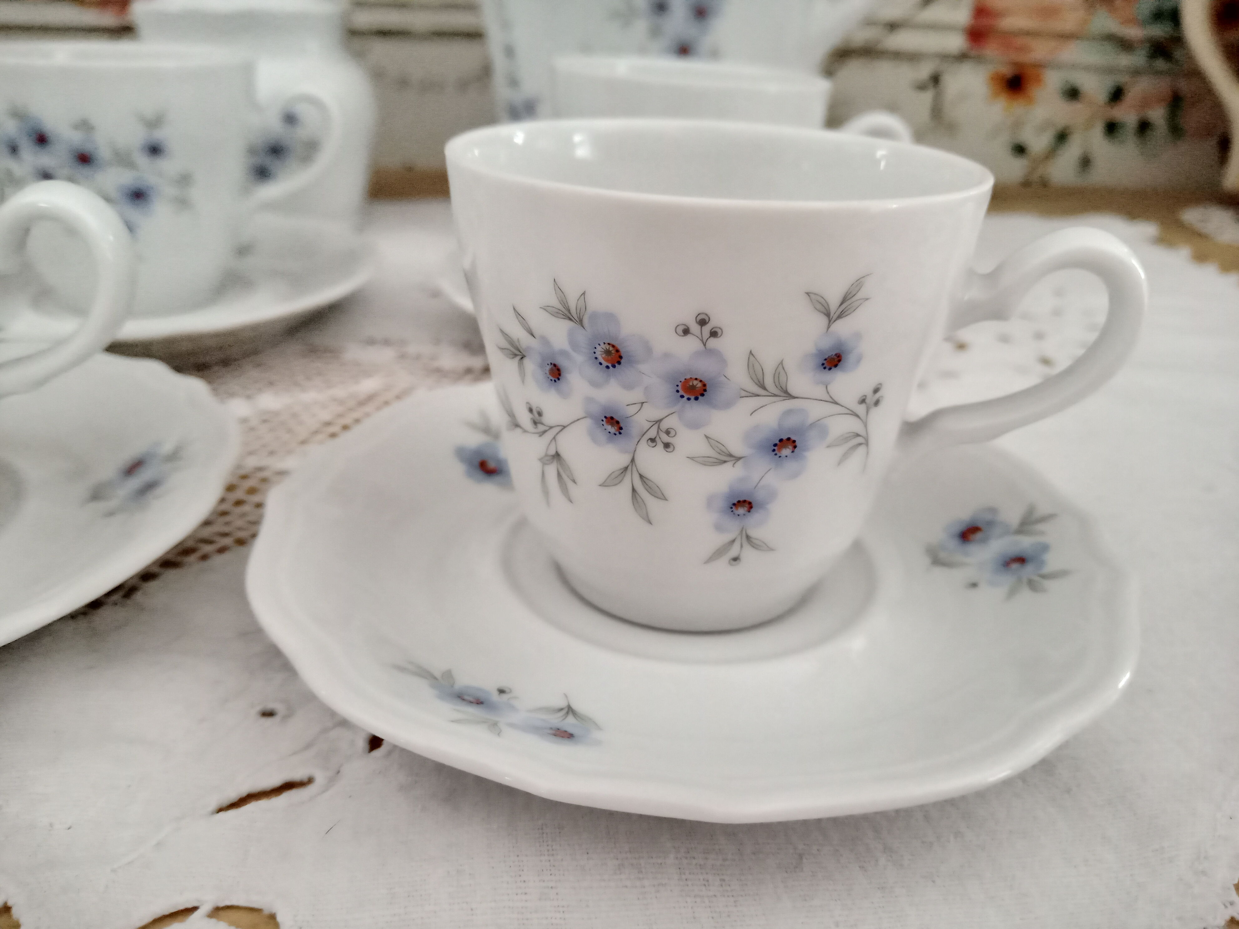 Vintage 15-piece coffee set in white porcelain Bavaria with small blue flowers