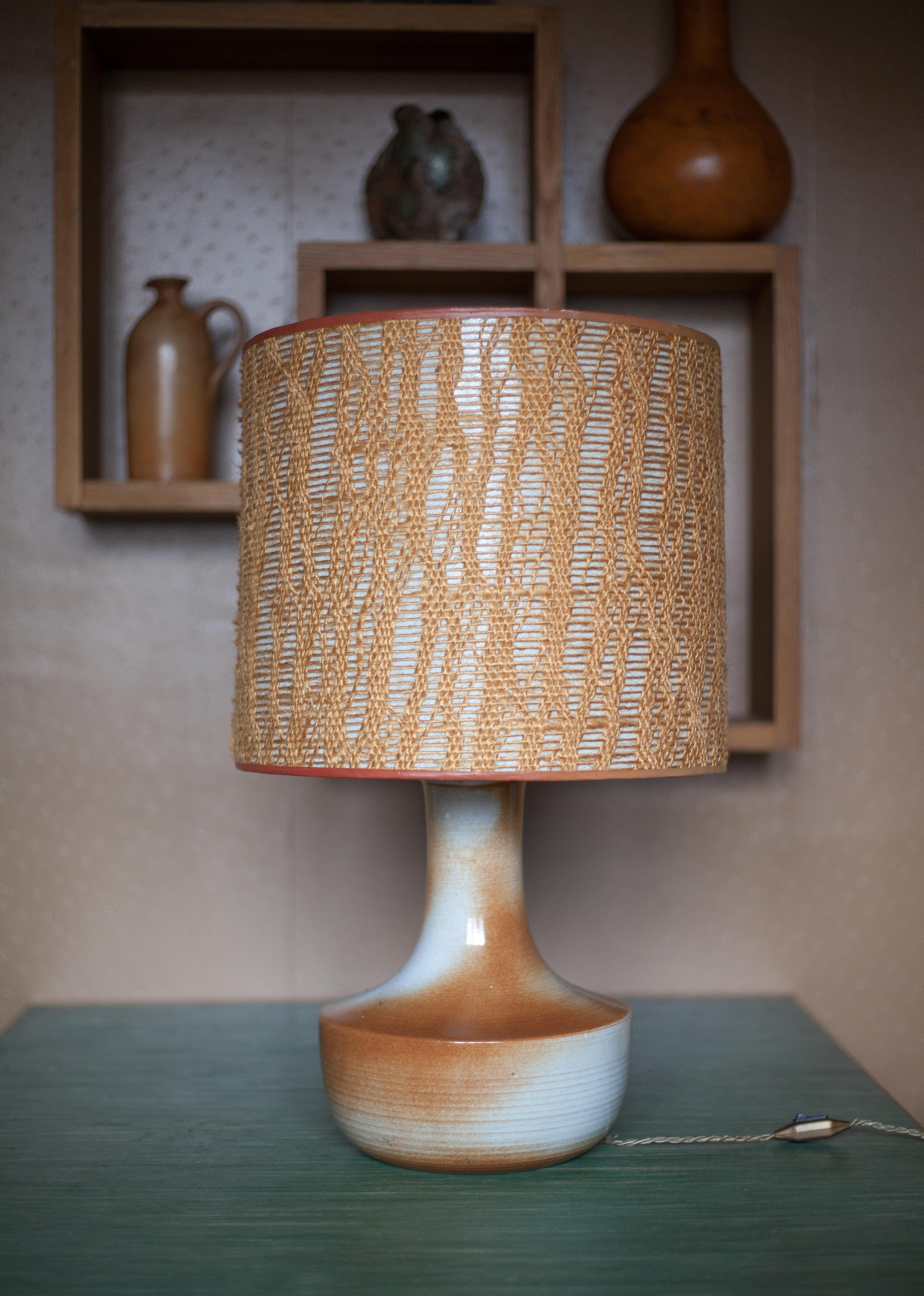 vintage lamp, table lamp, lampshade lamp, sandstone foot, macramé lampshade, living room lamp