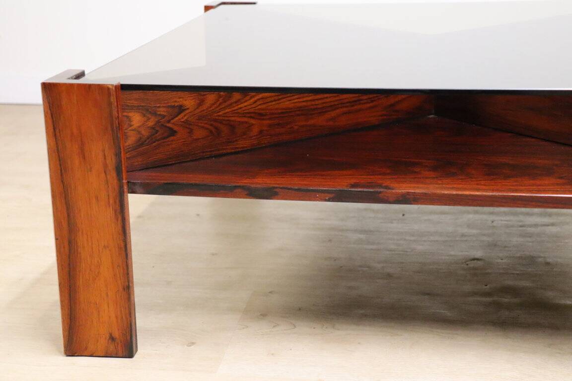 Scandinavian coffee table Mobelintarsia – Rosewood & smoked glass – 1960s