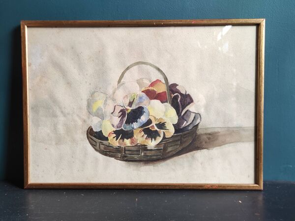 Aquarelle française ancienne avec un panier rempli de pensées