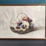 Aquarelle française ancienne avec un panier rempli de pensées