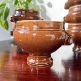6 vintage Emile Henry lion's head onion soup bowls in ceramic - brown, made in France.