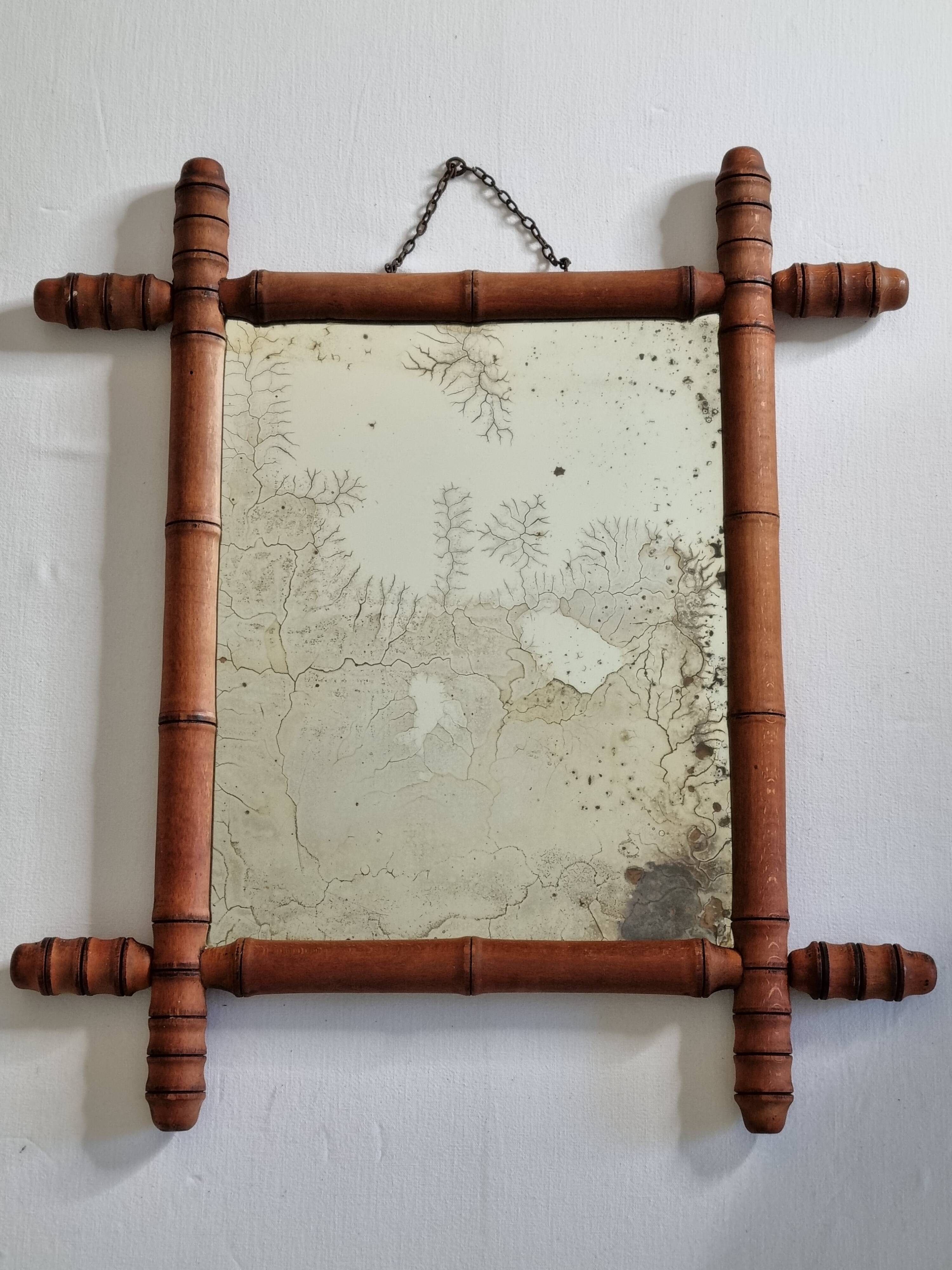 Antique mirror in turned wood imitating bamboo, 43 x 49 cm