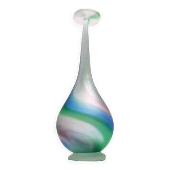 Superbe vase à fleur unique en verre de Murano gravé vert, bleu et rose, Italie