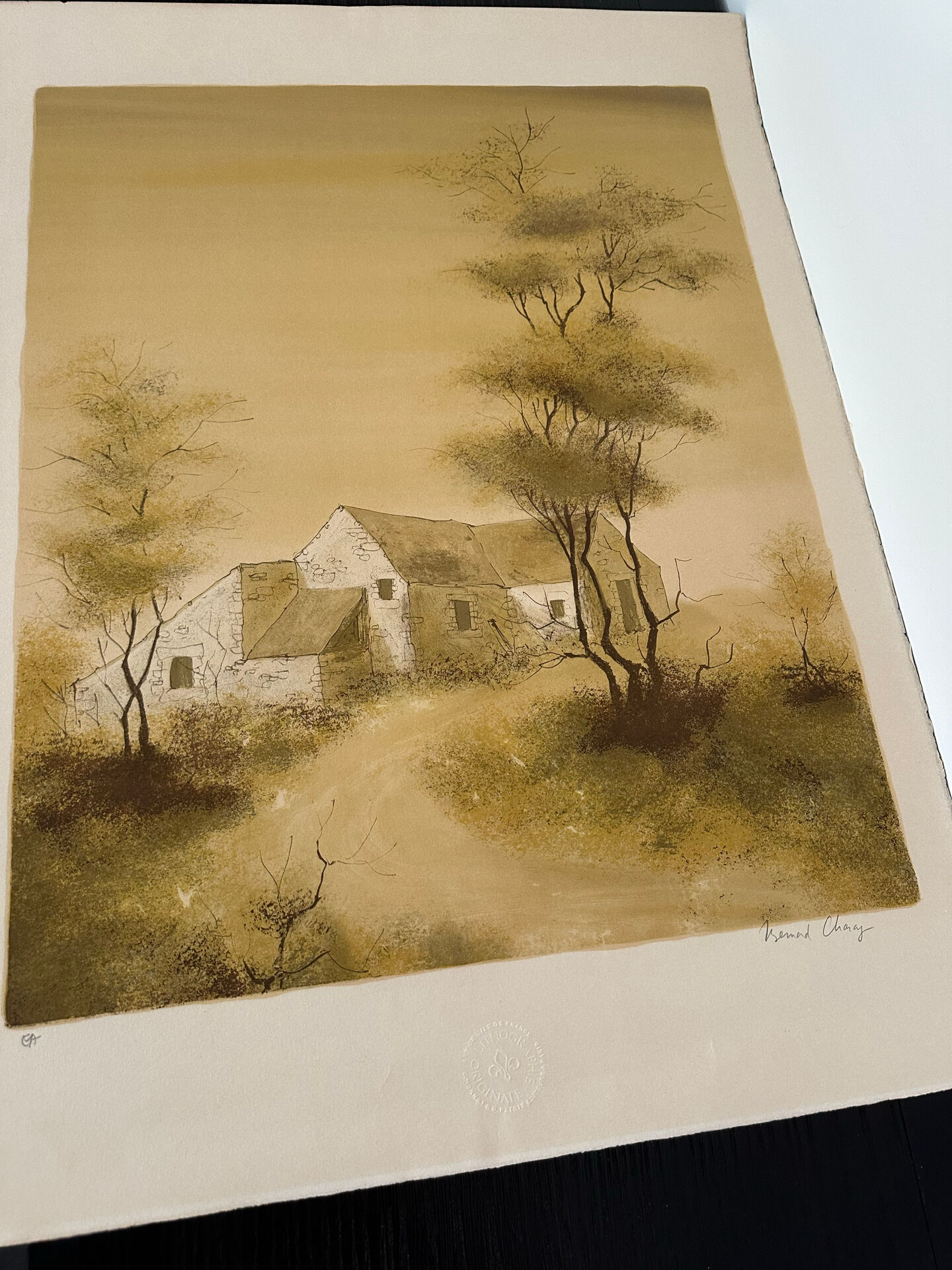 Lithographie originale de Bernard Charoy « vieille ferme »