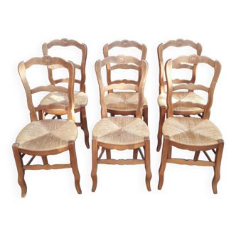 Suite de 6 chaises rustiques - vintage - Bois et paille