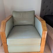 Vintage armchair Hugues Chevalier Paris — Almond green leather & Wood