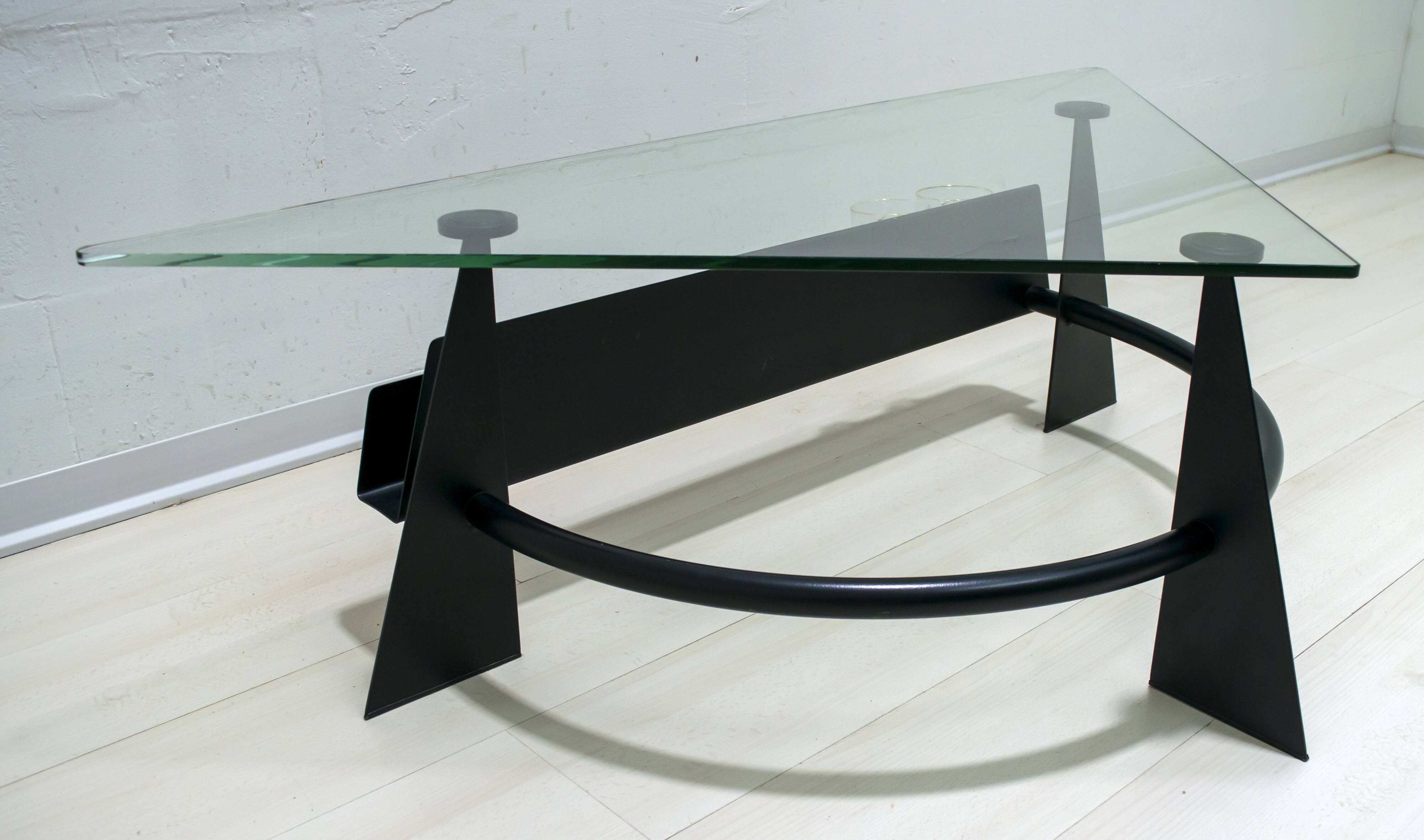 Modern and Contemporary Italian Coffee Table Blackened Metal and Glass Top