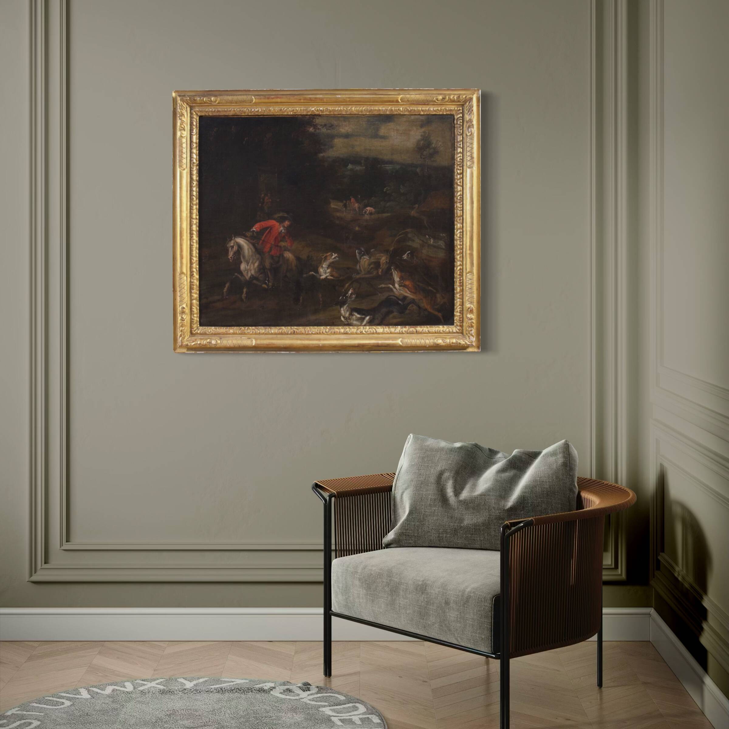 Peinture italienne antique d'une scène de chasse au cerf du XVIIIe siècle