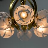Lustre à 6 bras en laiton et verre, années 1980