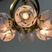 Lustre à 6 bras en laiton et verre, années 1980