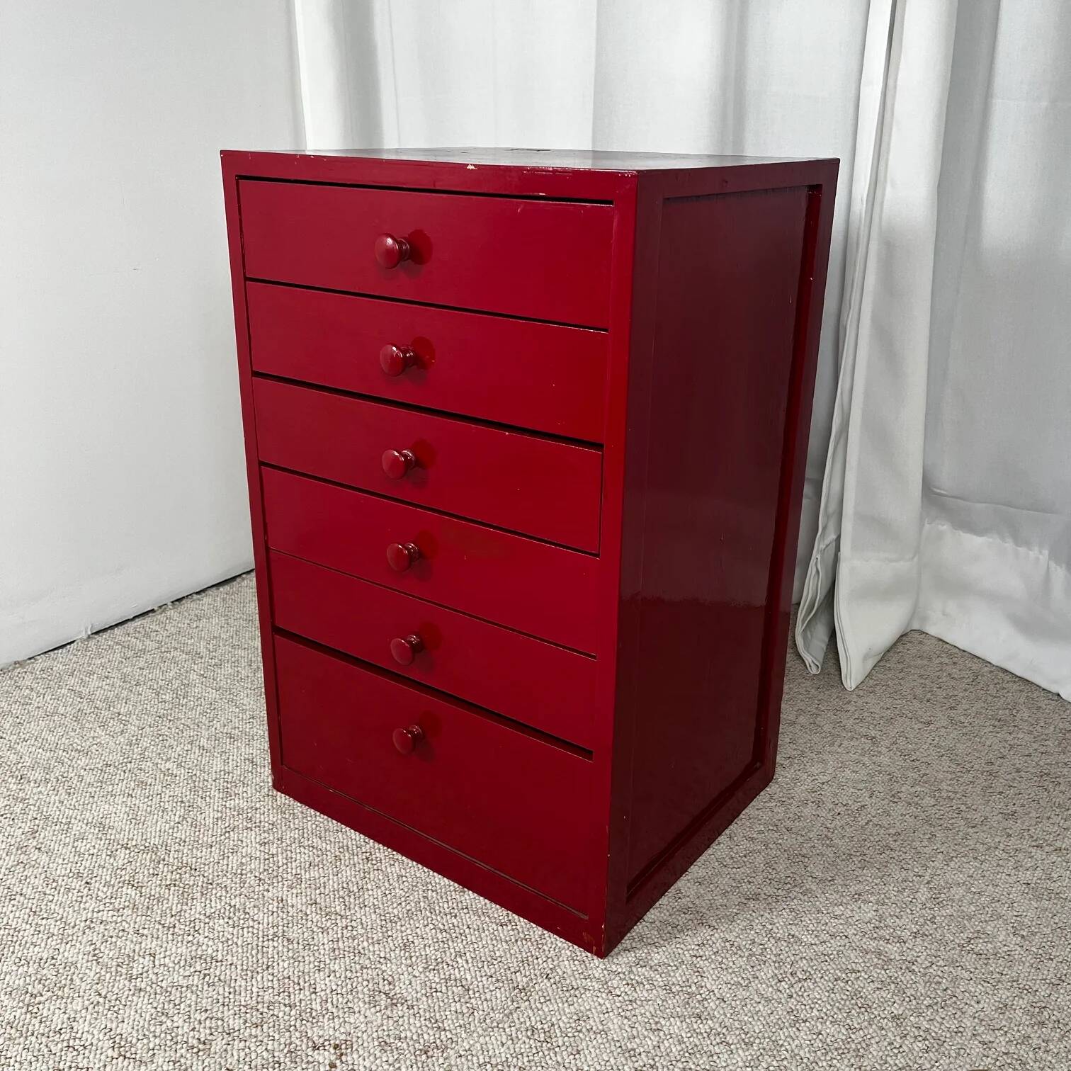 Small workshop furniture in red lacquered pine, 1980.