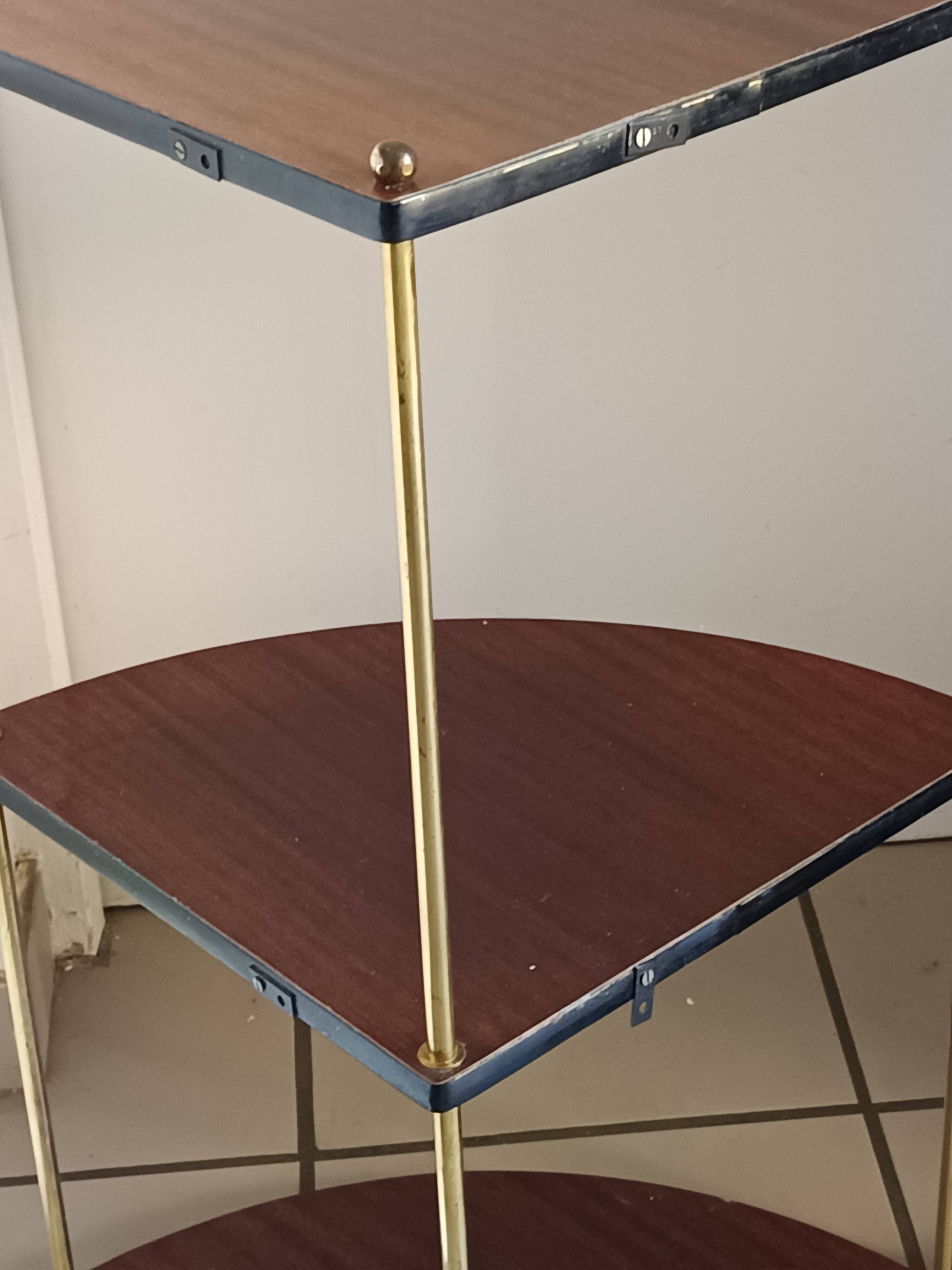 Pair of vintage corner shelves in wood and gold metal, 1960s