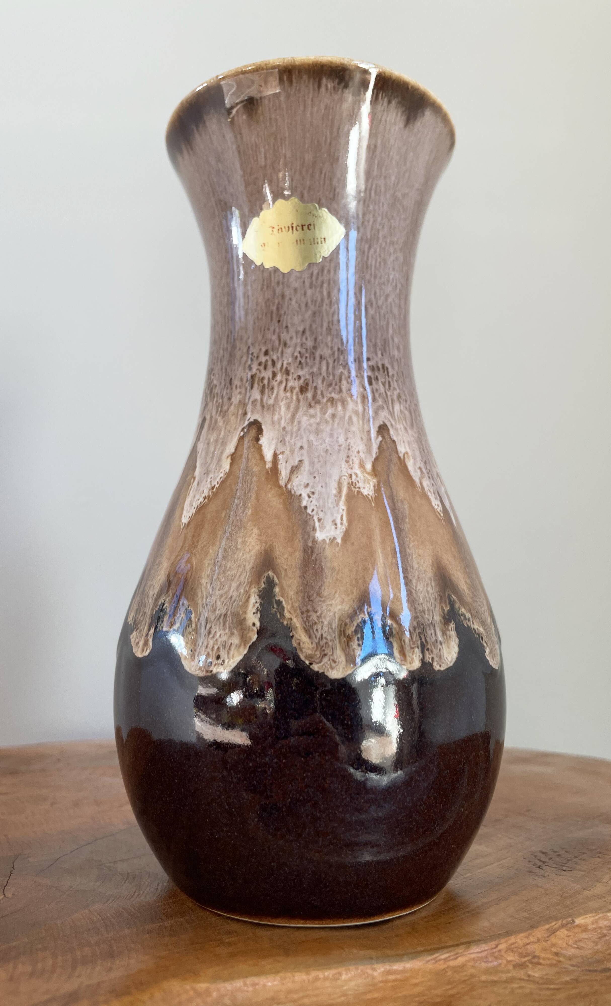 Brown German Fat Lava Style Vase with Drip Glaze, Töpferei Zimmermann