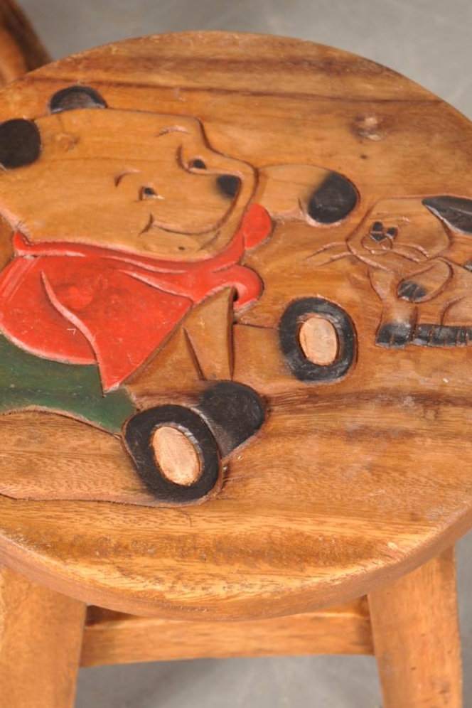 Table children and winnie The Pooh in oak stools, 1950 s