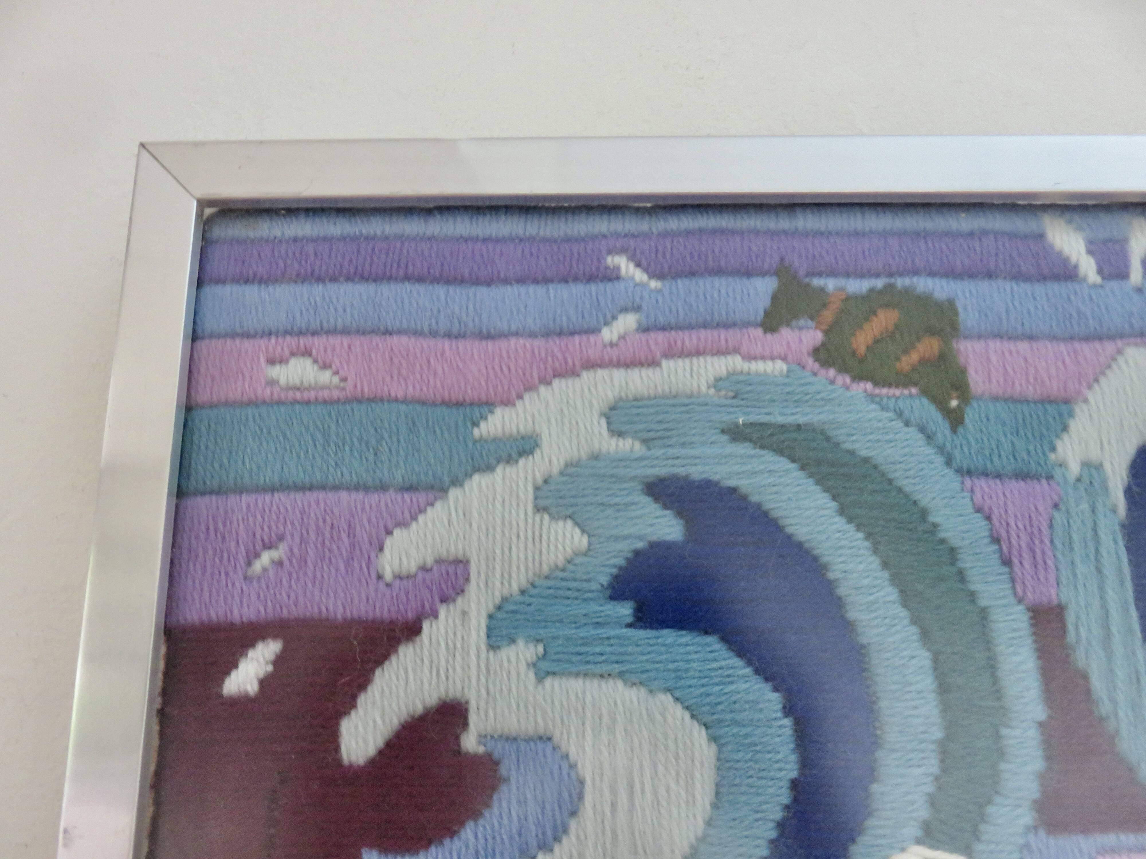 Futuristic tapestry, made of wool, framed, seagulls, ocean, fish, 1970.