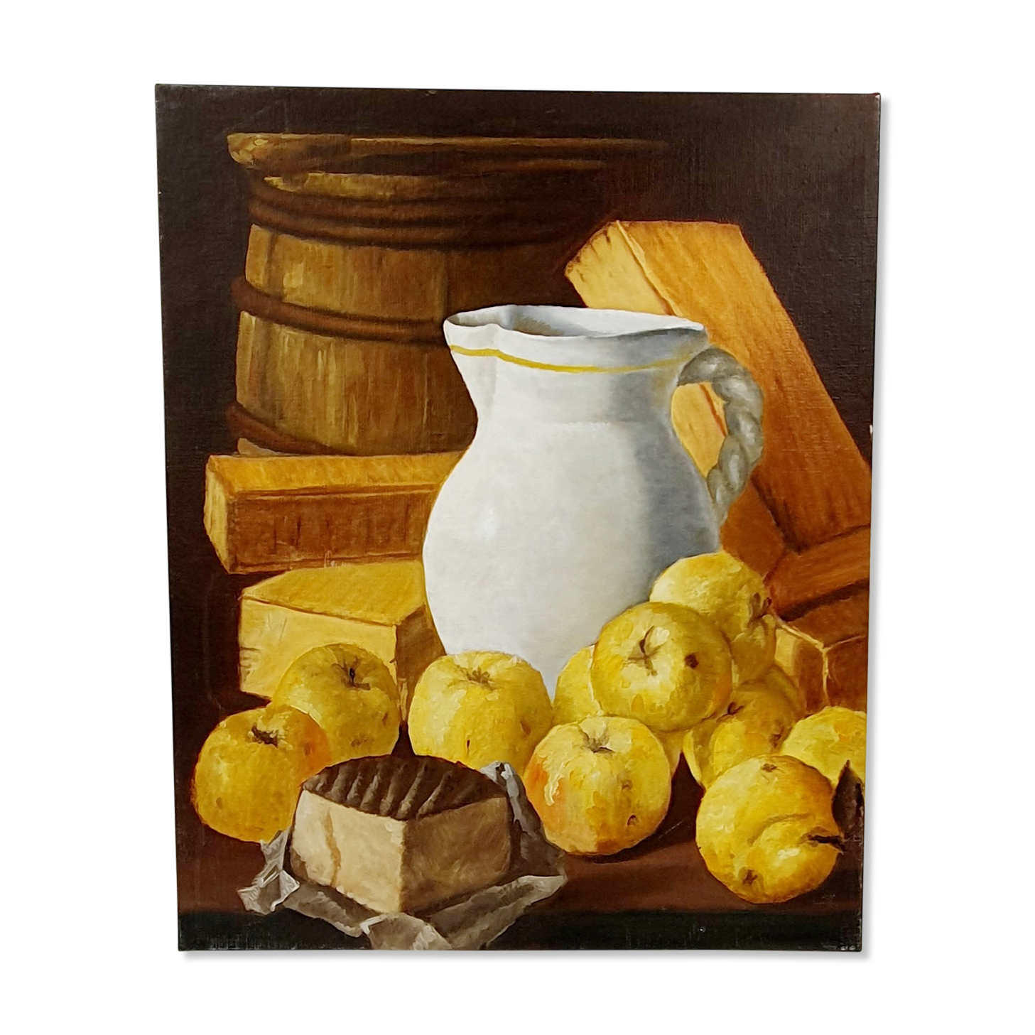Oil on canvas still life not signed apples pitcher kitchen