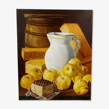 Oil on canvas still life not signed apples pitcher kitchen