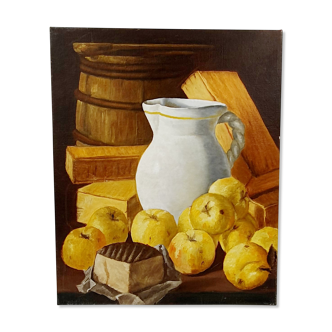 Oil on canvas still life not signed apples pitcher kitchen