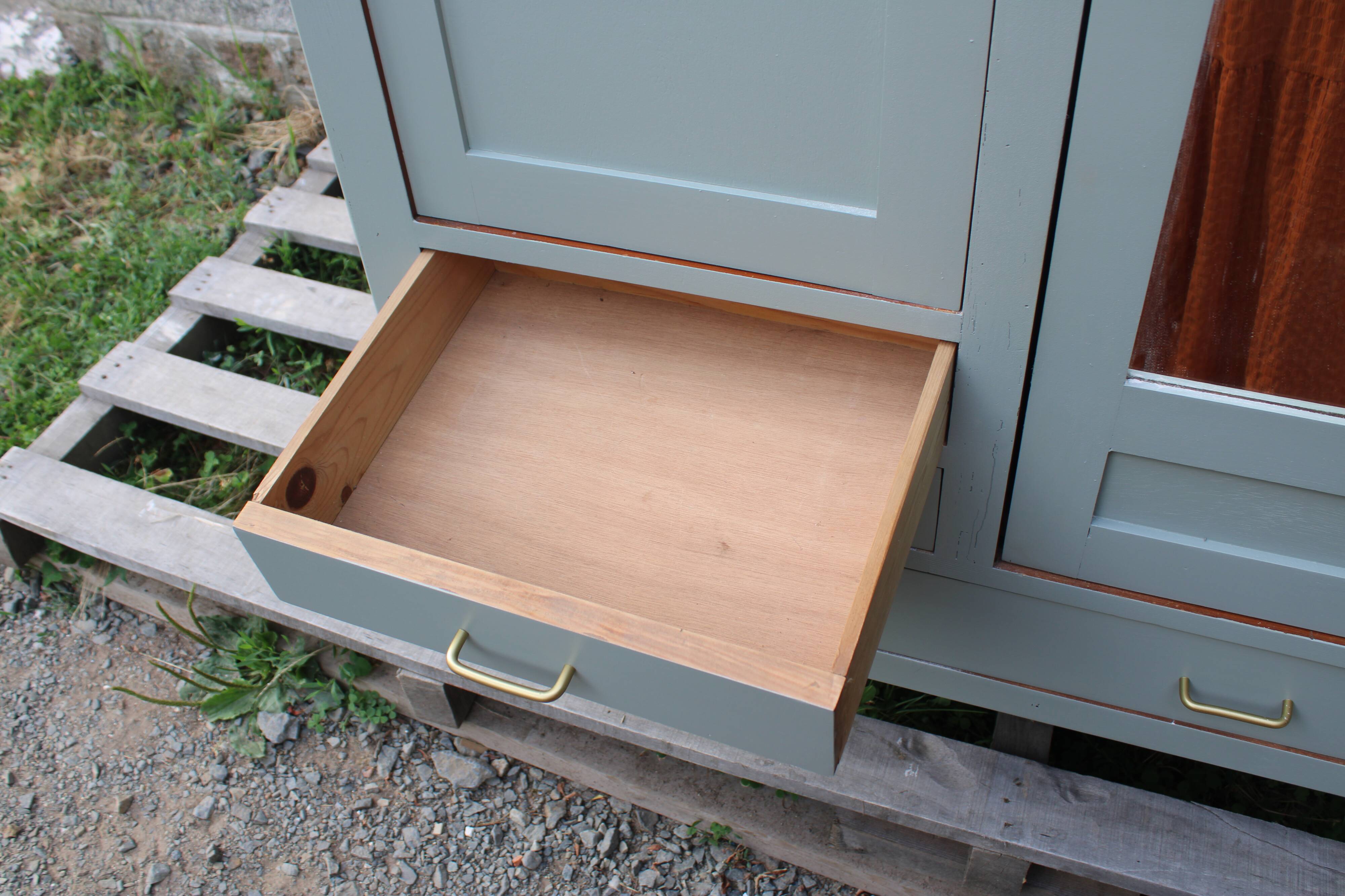 Vintage Parisian wardrobe in sage green – Mirror, hanging space and drawers