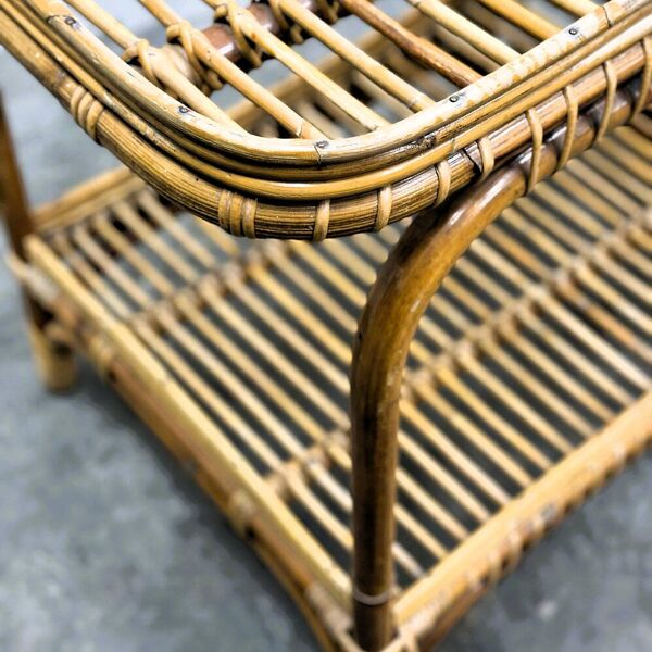 Chariot de bar vintage italien en rotin avec porte-bouteilles, années 1970