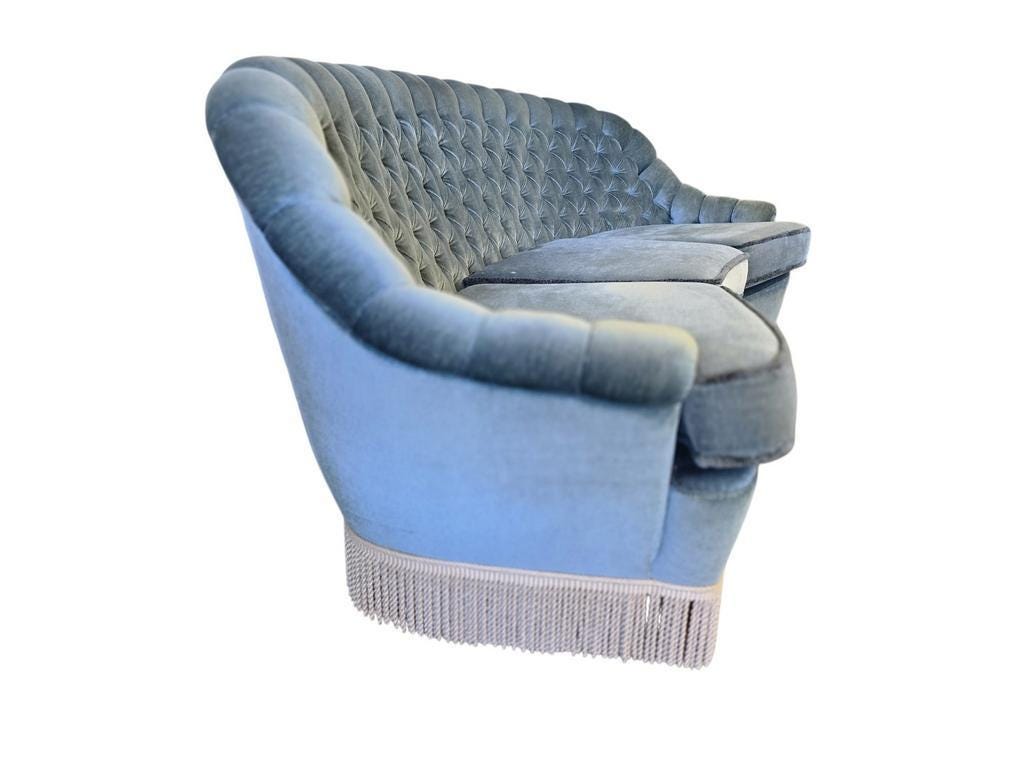 Light blue vintage sofa / armchair with fringes