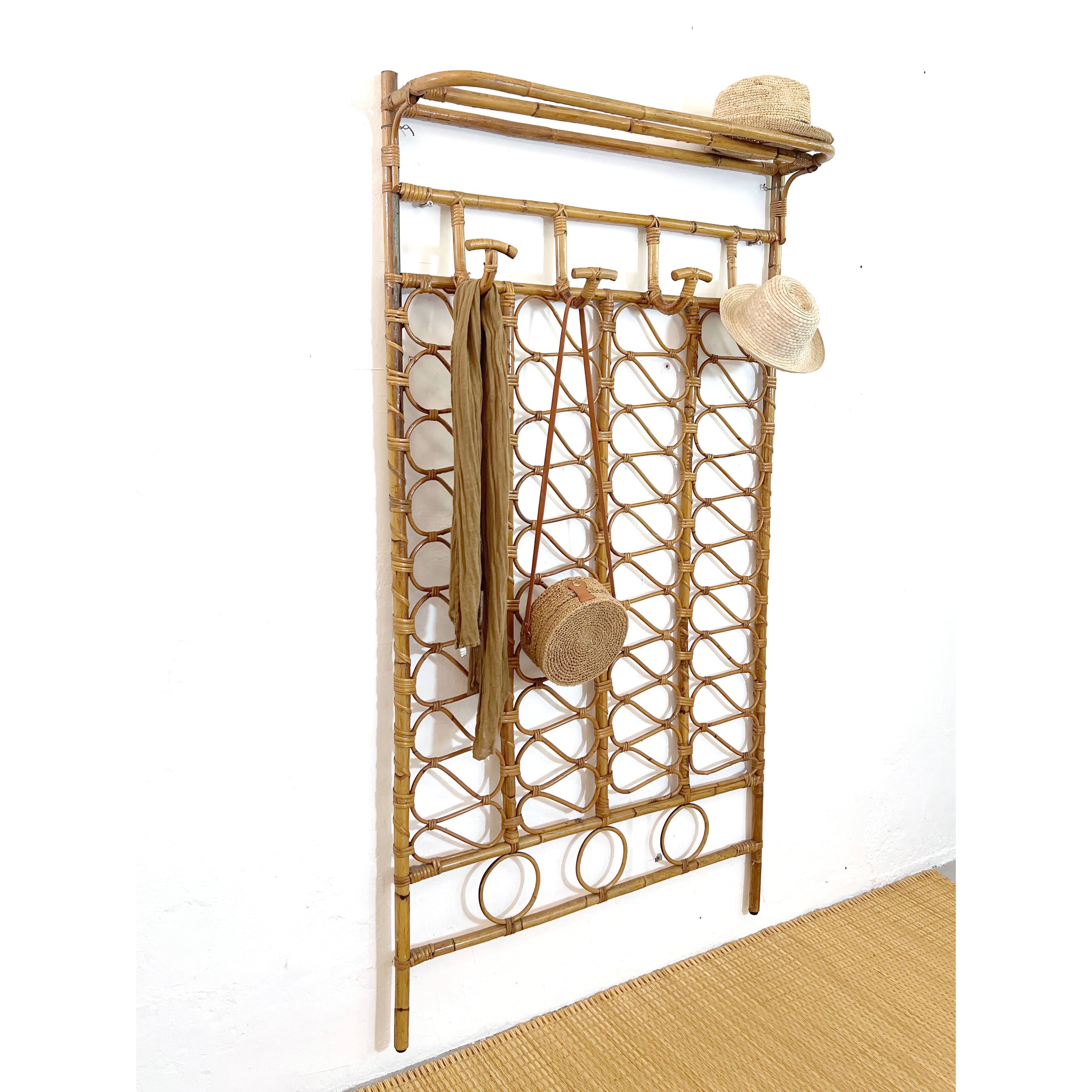 Large rattan wall coat rack, Italy, 1960s.