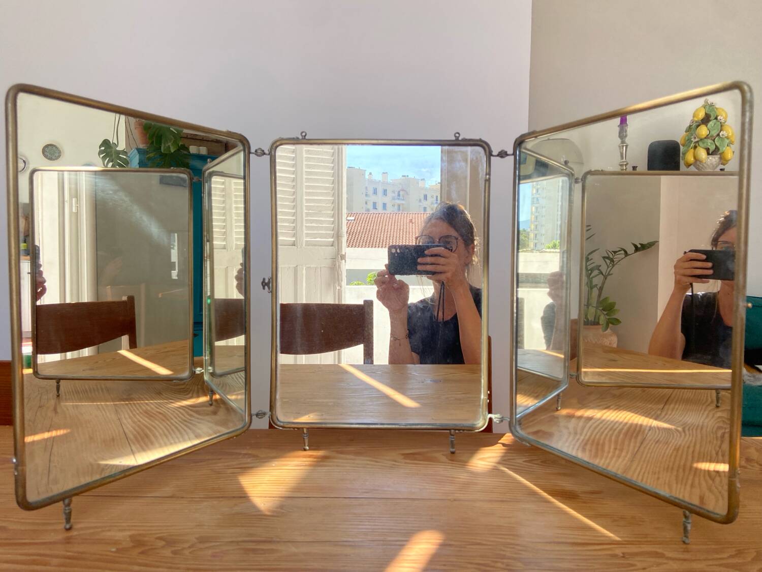 Metal triptych mirror from the 1950s