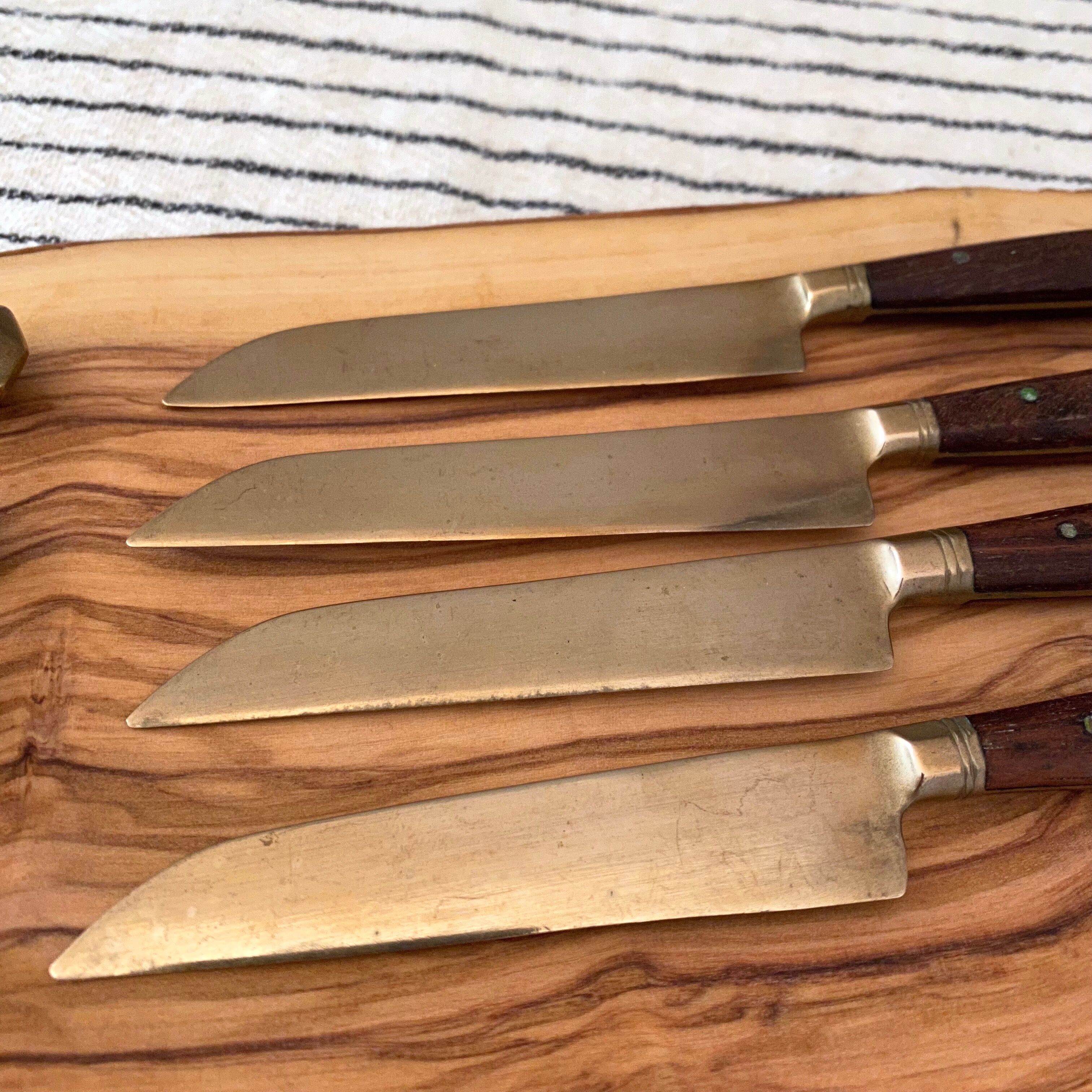 8 Vintage Knives, Antique Fruit Knives, Wooden Knife Set, Brass, Mid Century Cutlery.