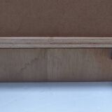 vintage wooden bedside table with crossbars and tapered legs