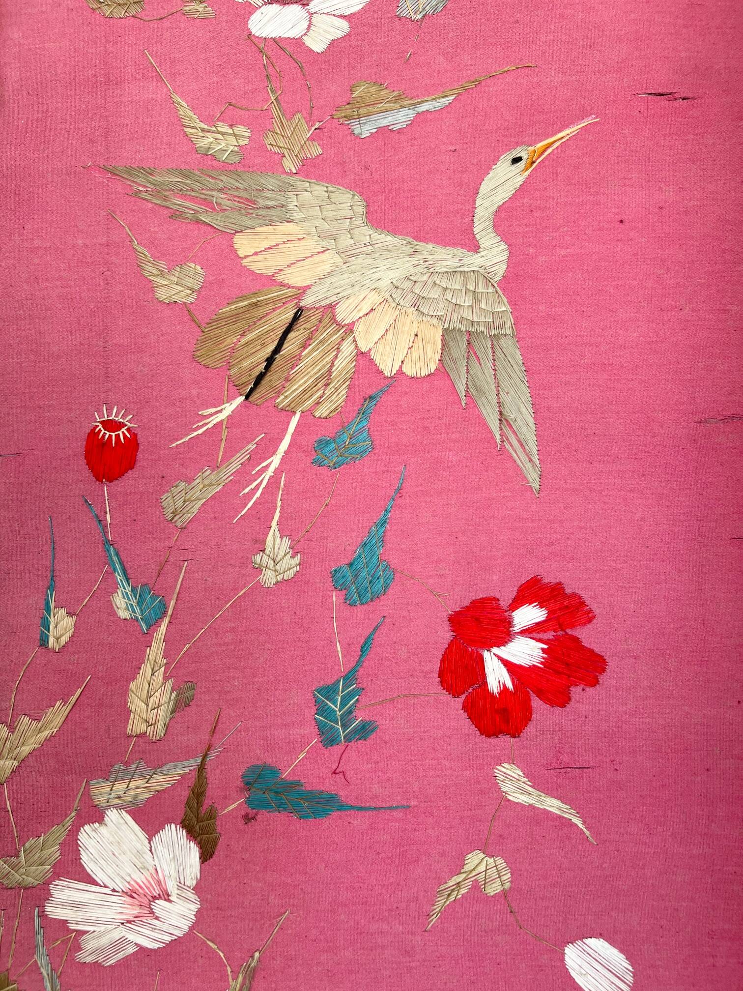 4-panel Japanese screen, 19th century, bird silk embroidery