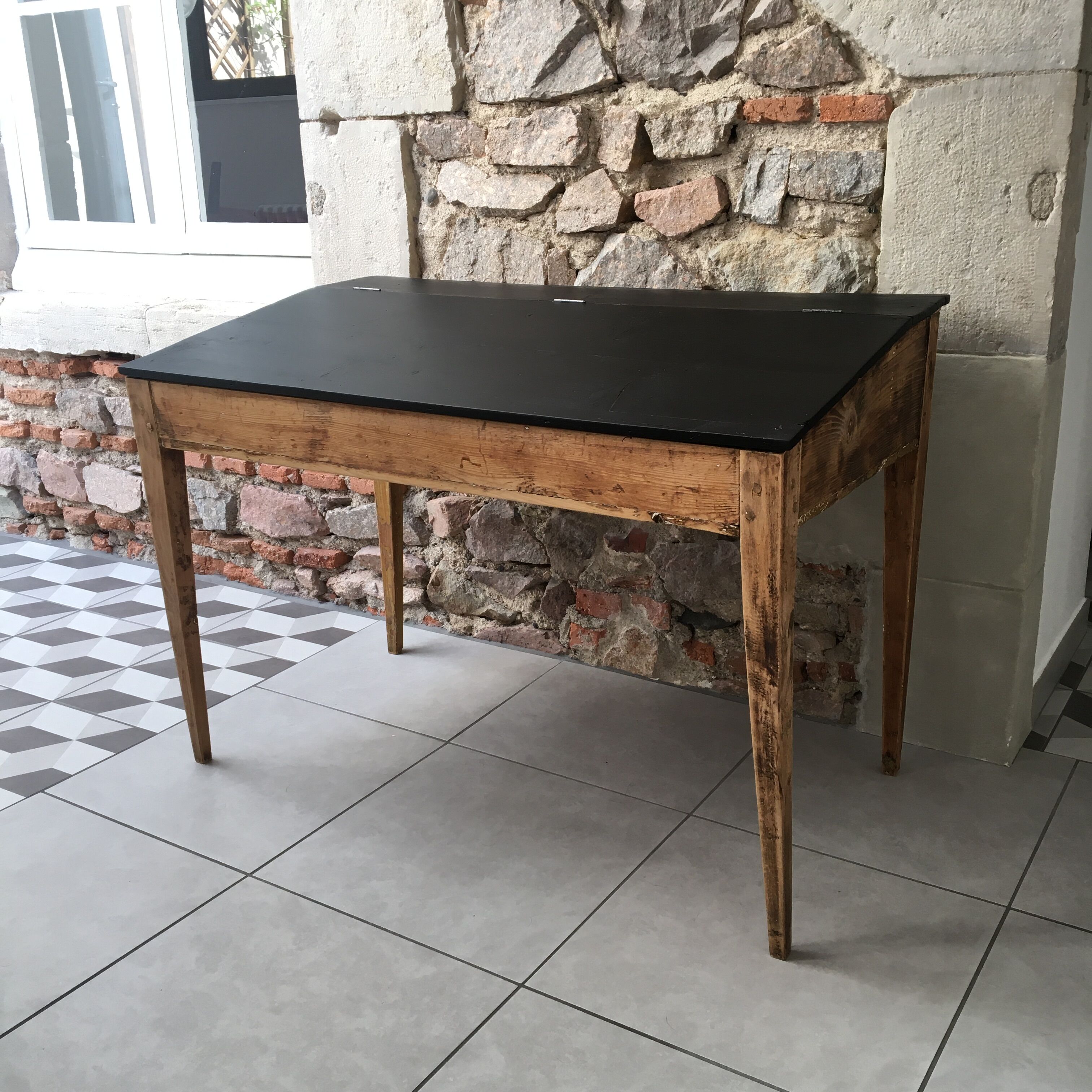 adult-sized desk with black flap & raw natural