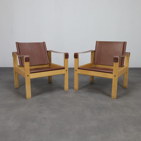 Ensemble de 2 fauteuils en teck et cuir de selle par Karl Heinz Bergmiller pour Escriba, Brésil, années 1970