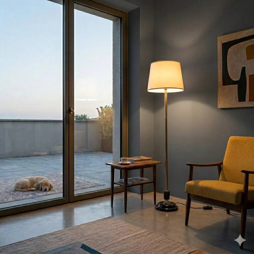 Vintage floor lamp in brass, marble and fabric, Italian design, 1950s.