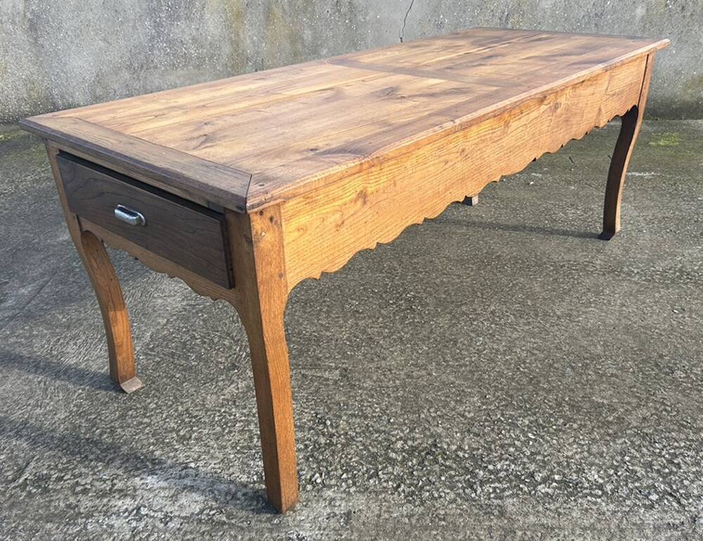 Solid oak farmhouse table, one drawer, vintage, early 20th century.