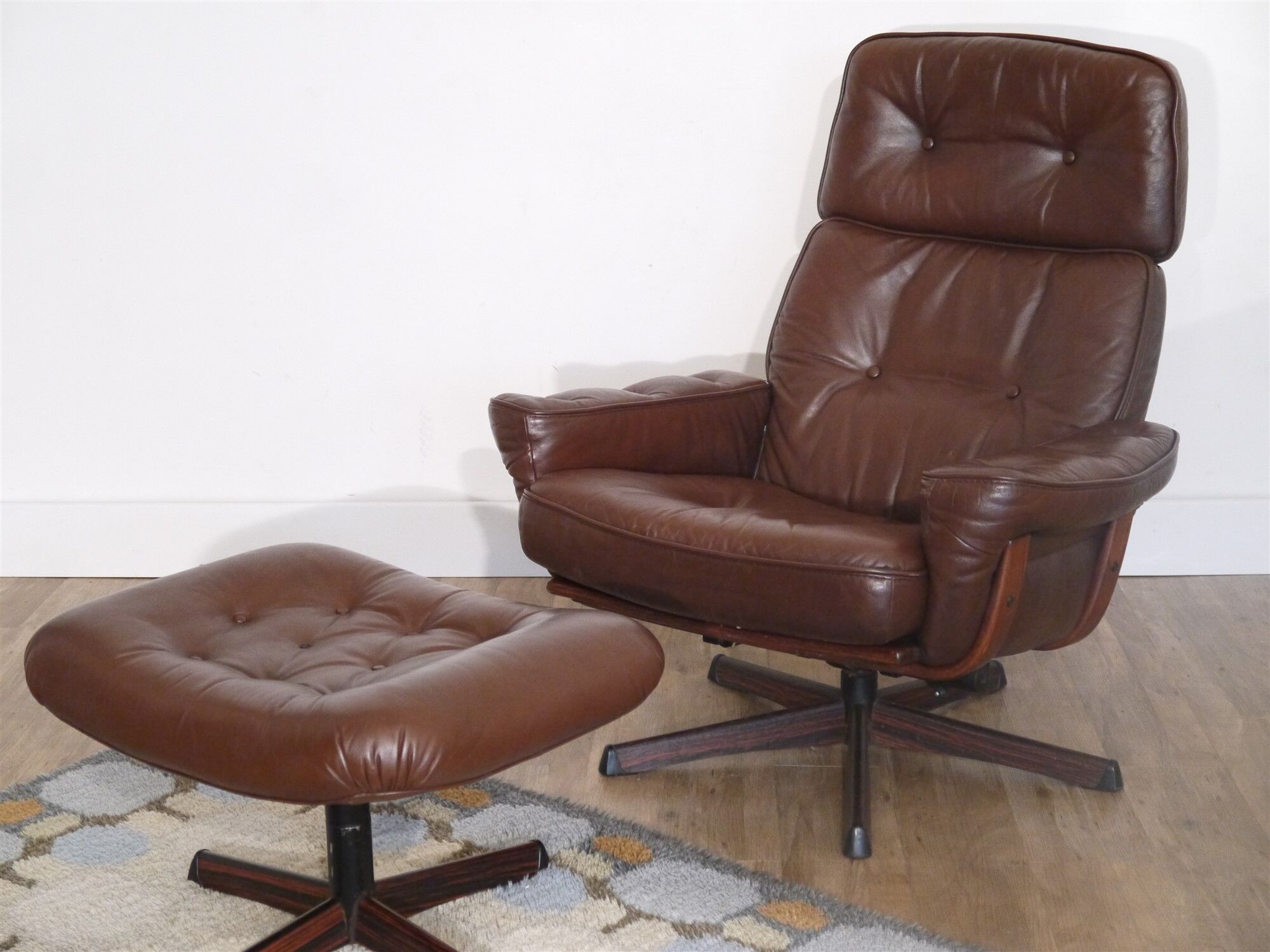Armchair vintage Scandinavian lounge leather with ottoman 1970