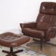 Armchair vintage Scandinavian lounge leather with ottoman 1970