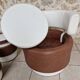 Barrel chair + 2 poufs Selac 1970s cognac and white faux leather